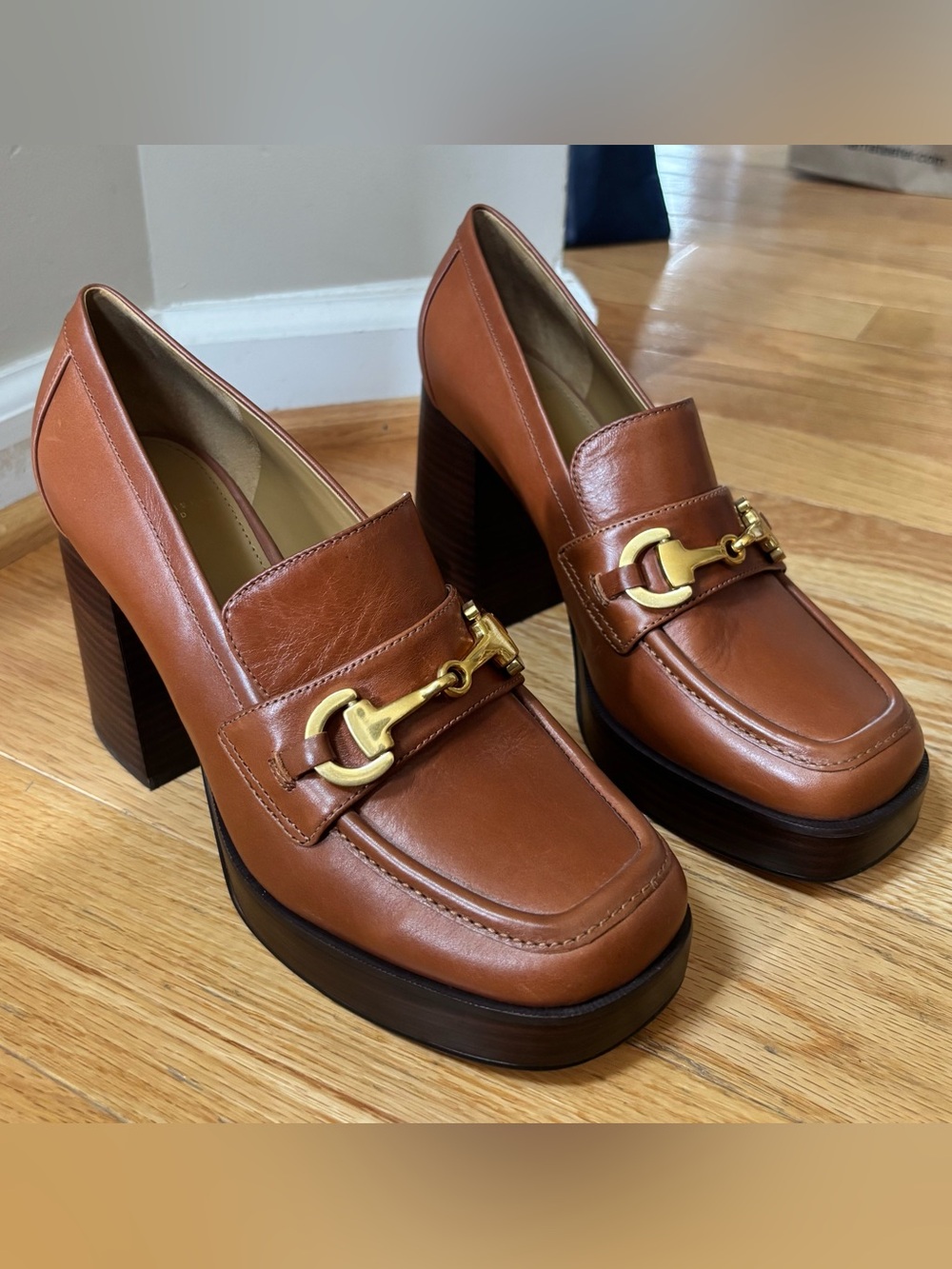Marc Fisher LTD Brown leather heeled loafers with gold buckle detail